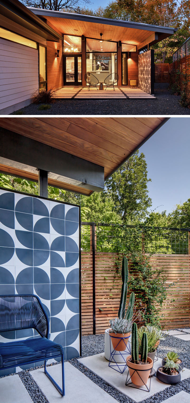 This remodeled mid-century modern house has a small covered patio off the kitchen, that features the same tiles as the kitchen backsplash. #Patio #OutdoorSpace