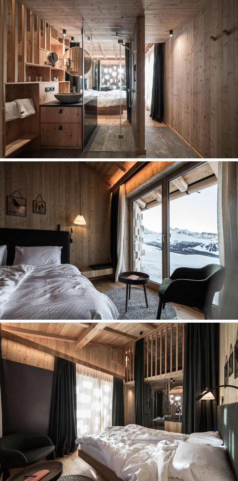 This modern hotel room is lined with wood, created a modern yet cozy atmosphere, while stairs lead up to a small loft where children can sleep, or it can be used as a relaxing nook. #HotelRoom #ModernHotelRoom