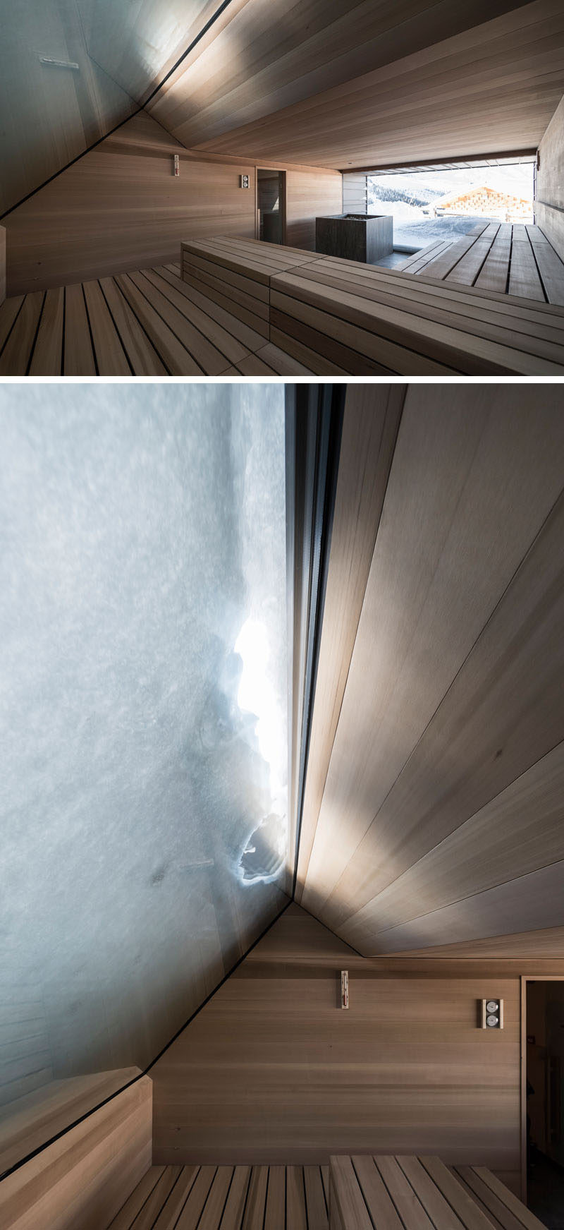 This modern sauna has a large picture window and an angled window, that both allow natural light unless there's built-up snow. #Sauna #Windows