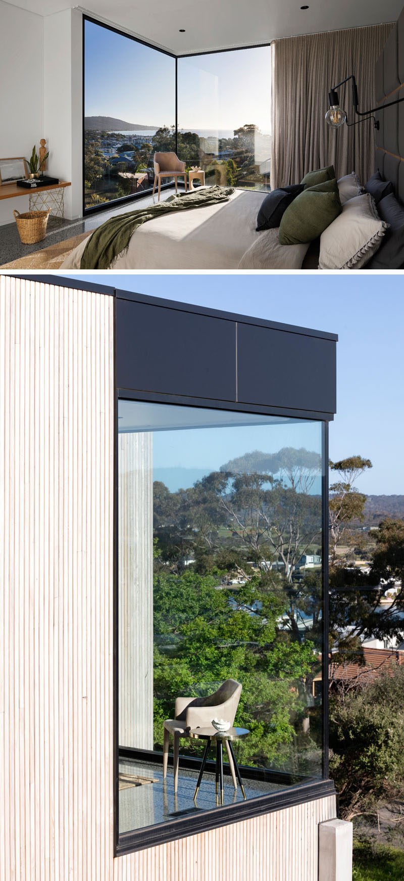 In this modern bedroom, floor to ceiling windows line the corner of the bedroom and provide water views. #ModernBedroom #Windows #CornerWindows