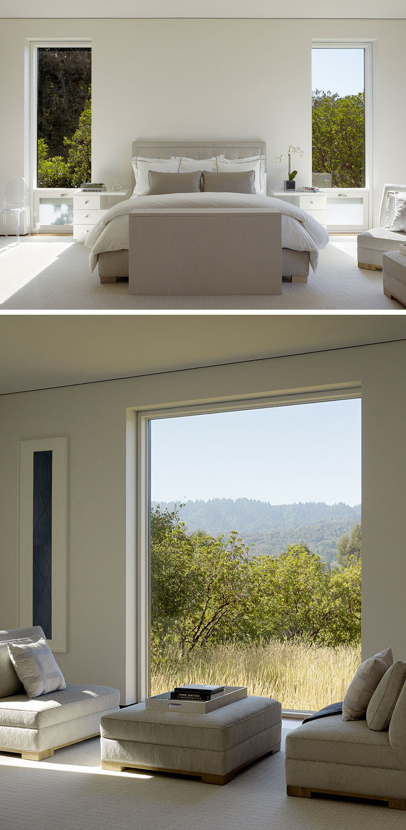 In this contemporary master bedroom, which is large enough to have a small sitting area, the trees outside add a pop of green to the neutral color palette. #Windows #ContemporaryBedroom