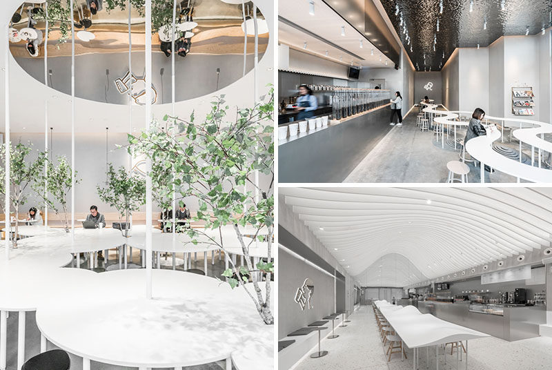 A.A.N ARCHITECTS have designed three locations of HEYTEA, a chain of tea shops in China, that each have their own unique look that features communal seating areas. #Cafe #TeaStore #InteriorDesign #RetailDesign