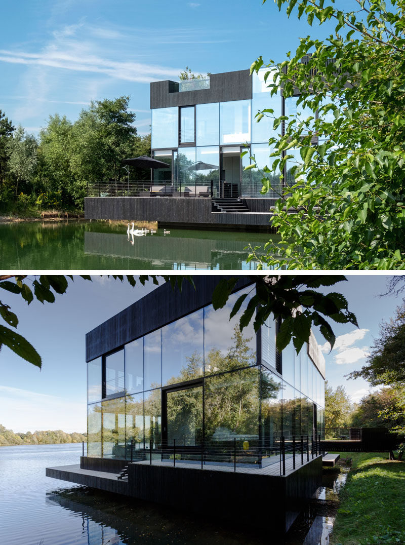 Mecanoo architecten have designed a modern house that sits on a lake in Lechlade, England, and features a walls of glass, enabling expansive views from the home's interior. #Architecture #HouseDesign #LakeHouse