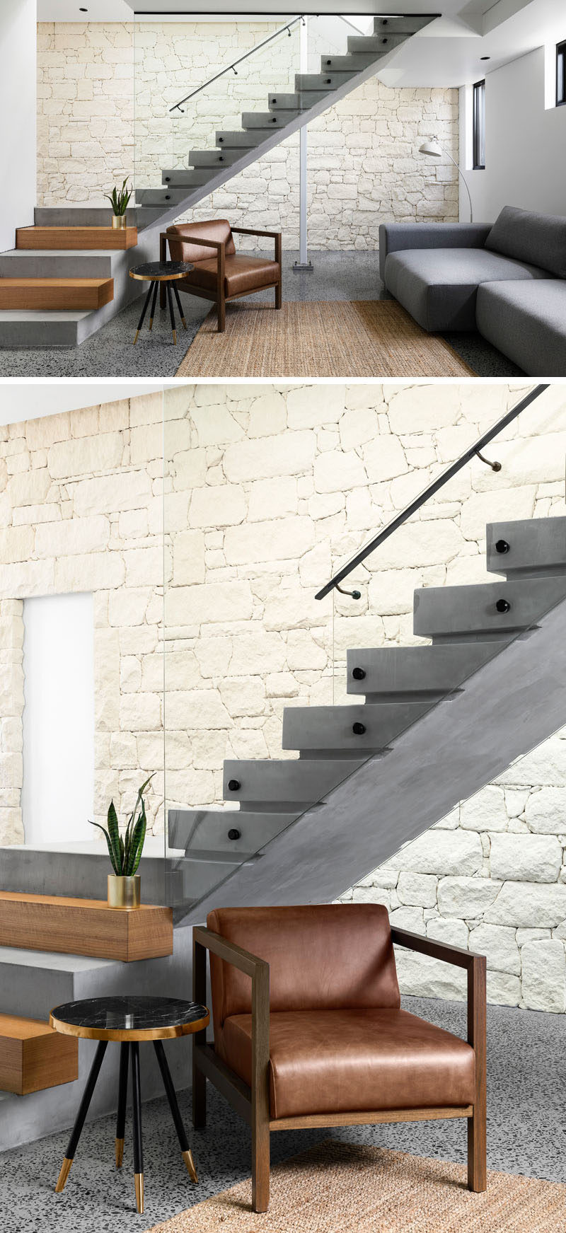 This modern house has stairs with concrete and wood steps and a glass handrail, to connect the various levels of the home. #Stairs #ModernStairs