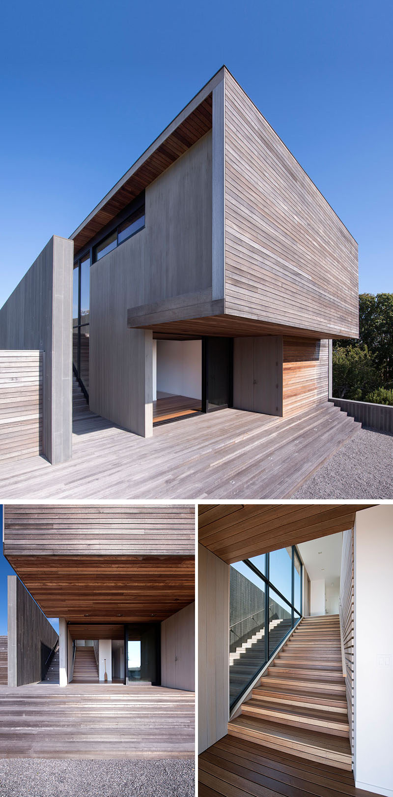 Naturally-weathered horizontal mahogany decking spans between the locally sourced bluestone walls and alternates as a covering for the roofs, walls, floors, and ceilings of the inhabited spaces of this modern house. #Architecture #HouseDesign #WoodSiding