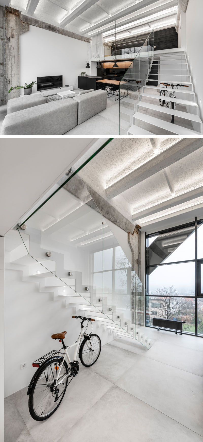 In this industrial modern apartment, minimalist white metal stairs with a glass handrail that lead up to the bedroom. #Stairs #MinimalistStairs