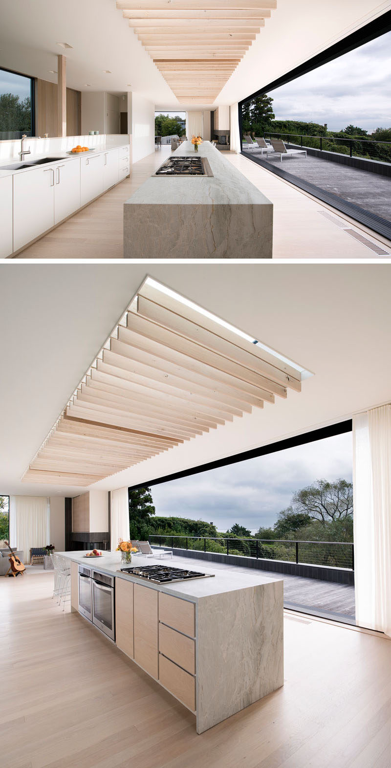 Inside this modern house, oak louvers on canvas hinges under an oversized skylight have the ability to sway in the ocean breezes, casting dynamic patterns of light and providing cooling shade, much like a tree’s canopy. #ModernKitchen #Louvers #Skylight