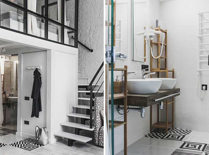 This modern loft apartment has a small bathroom tucked away underneath the mezzanine bedroom. #Bathroom #DualSinks