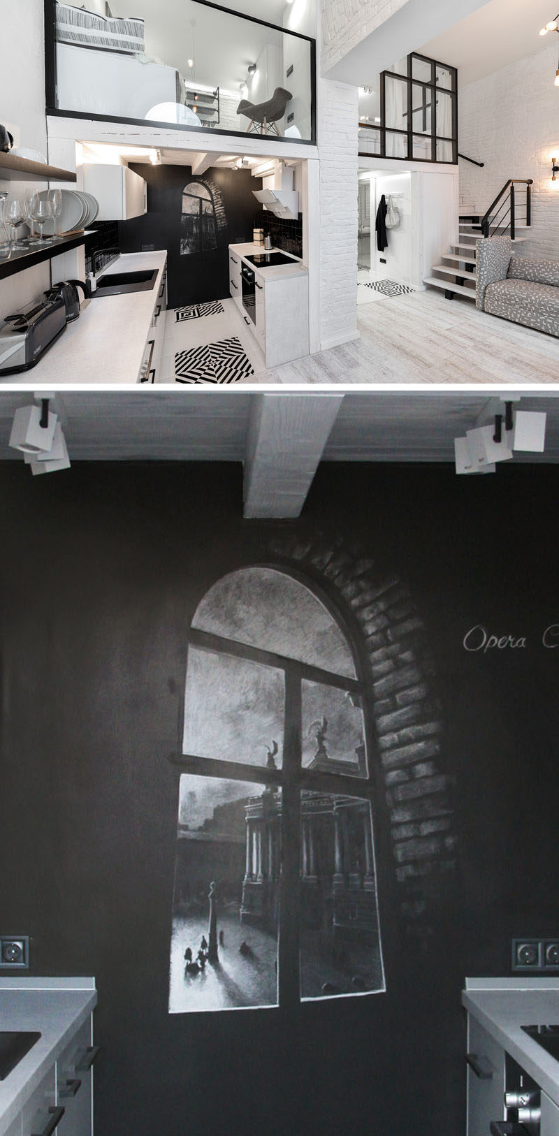 In this modern loft apartment's kitchen, a black wall with an art piece contrasts the white walls and kitchen cabinets, and complements the black appliances and frames on the mezzanine level. #KitchenDesign #ModernApartment #LoftApartment