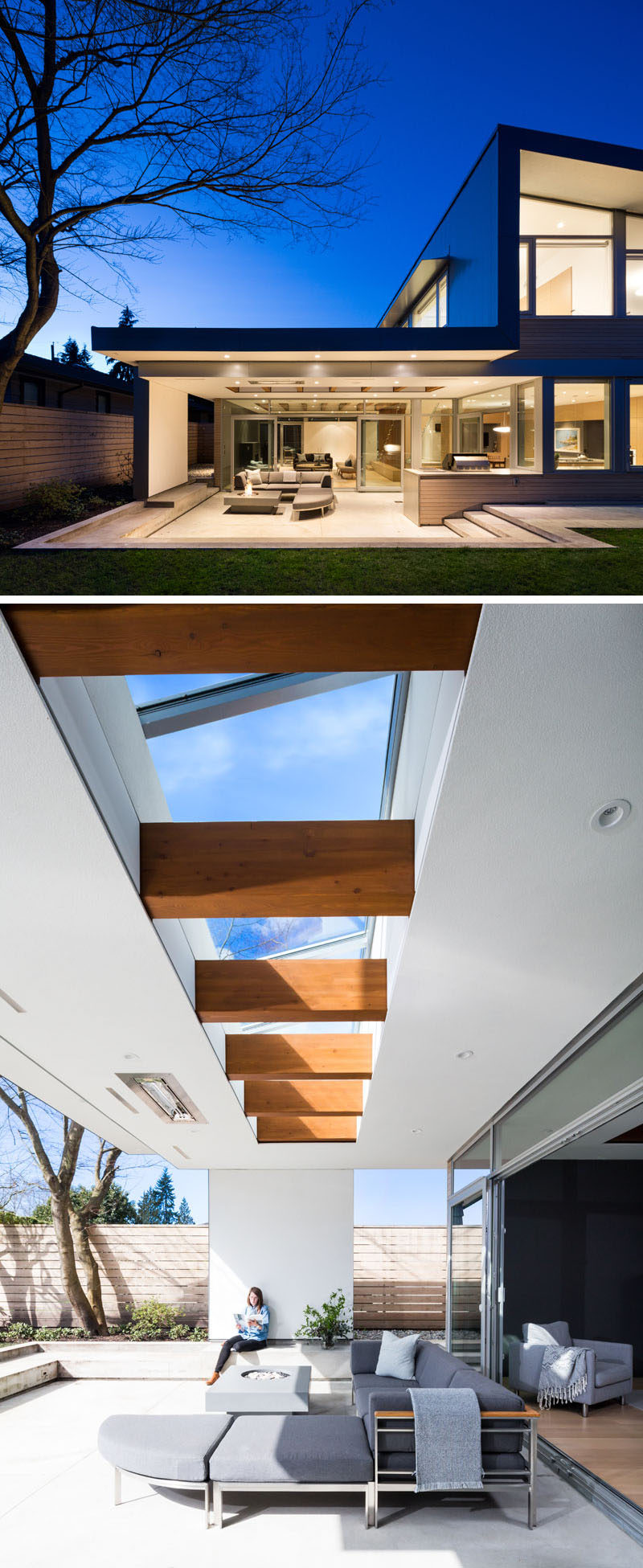 This modern house has large panes of floor-to-ceiling glass allow for a seamless integration between the interior and exterior space. The covered outdoor space makes use of a skylight that shows off the beams that continue through to the patio. #ModernHouse #Patio #Beams #Skylight #OutdoorSpace