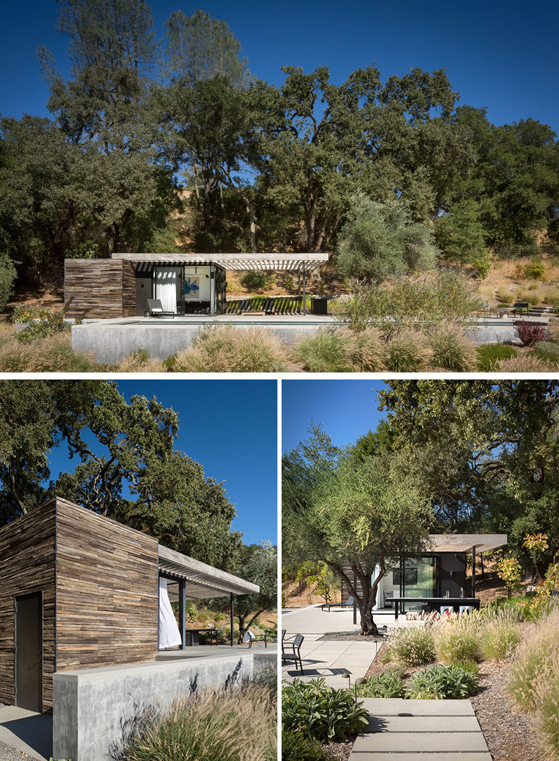 RO|ROCKETT DESIGN have completed a modern pool house as part of a rustic retreat for a couple in Geyserville, California. #PoolHouse #ModernArchitecture #SwimmingPool