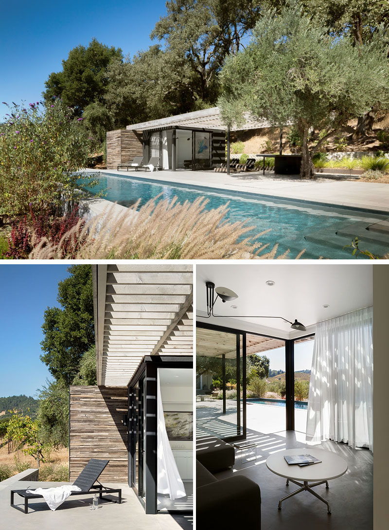 The exterior of this modern pool house is wrapped in grape stakes gathered from the property, which were then resawn to operate as a shroud to the private interiors of the building, that's home to a living room, wet bar, and bathroom. #PoolHouse #Architecture