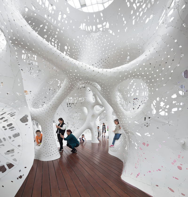 MARC FORNES / THEVERYMANY designed a large-scale sculptural outdoor pavilion on the elevated plaza of the Suzhou Center in China, as part of the Jinji Lake Biennial. #Art #Sculpture #PublicInstallation
