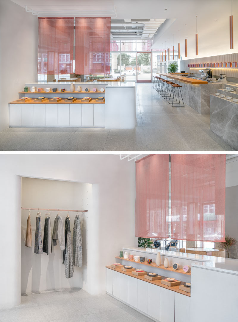 Inside this modern tea house, there's a small display area and an alcove for hanging coats, while sheer pink curtains create a divide between the lobby and the seating area. #Retail #StoreDisplay #RestaurantDesign #InteriorDesign #TeaHouse