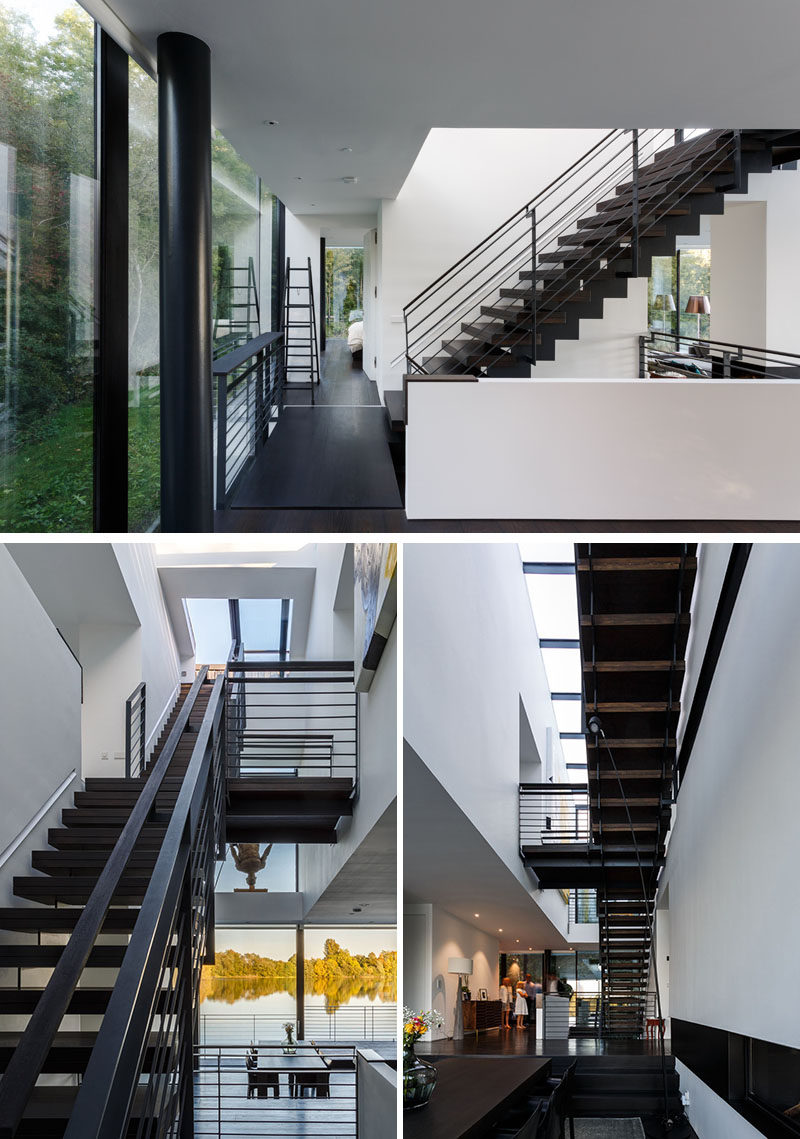 In this modern lakehouse, a staircase connects all the rooms together into one interior space, and a central atrium brings abundant daylight into the sunken basement and connects the interior to the roof terrace. #Stairs #Staircase