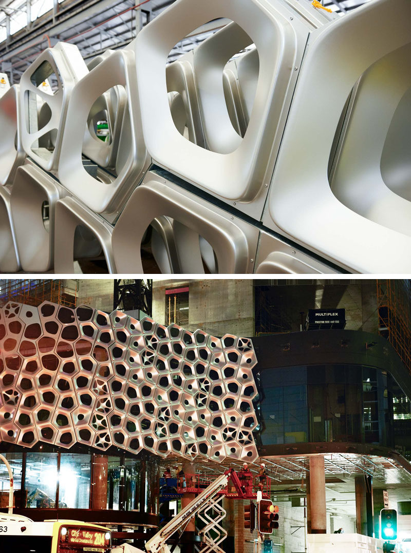 UAP Global Studios and Workshop assisted artist Alexander Knox in the creation of a sculptural facade that spans 28632 square feet (2660 sqm) and is made up of over 2500 3D pressed and planar aluminium panels. #Facade #Architecture #Sculpture