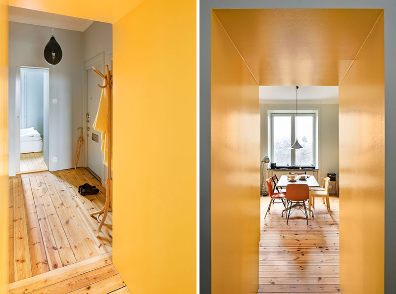 This renovated apartment has a yellow hallway. #Hallway #Yellow