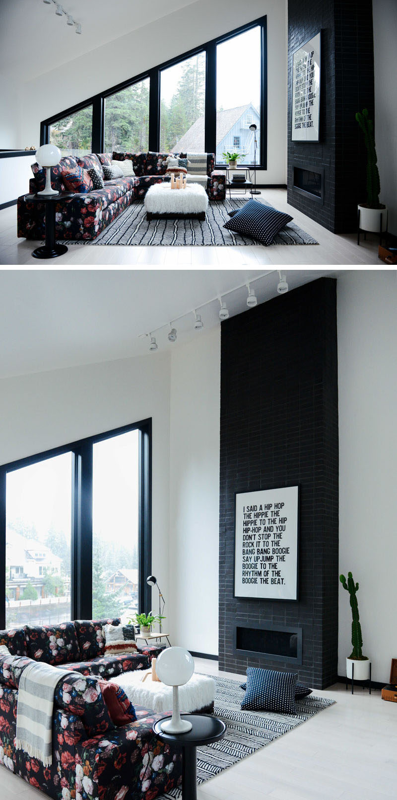 In this modern living room, the high ceilings make the space feel larger, while the angled windows allow plenty of natural light, and a black fireplace complements the black window frames. #LivingRoom #Windows #Fireplace