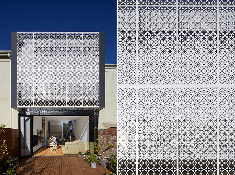 Chan Architecture have added a custom-designed metal screen to this house, providing a decorative accent and privacy to the interior of the home. #Facade #Screen #Architecture