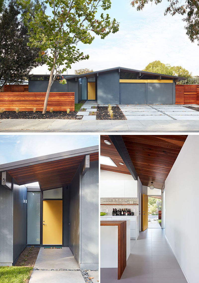 Klopf Architecture have completely remodeled this once dark Eichler house in Palo Alto, California, creating a more open, bright and functional family home. #EichlerRemodel #YellowFrontDoor