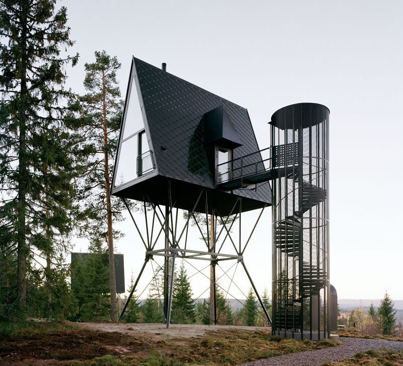 The design of the PAN Treetop Cabins, which are a place for tourists to stay, were inspired by the forest, North American A-Lodges, modern power lines, and the Moomin character houses. #Architecture #ModernCabin