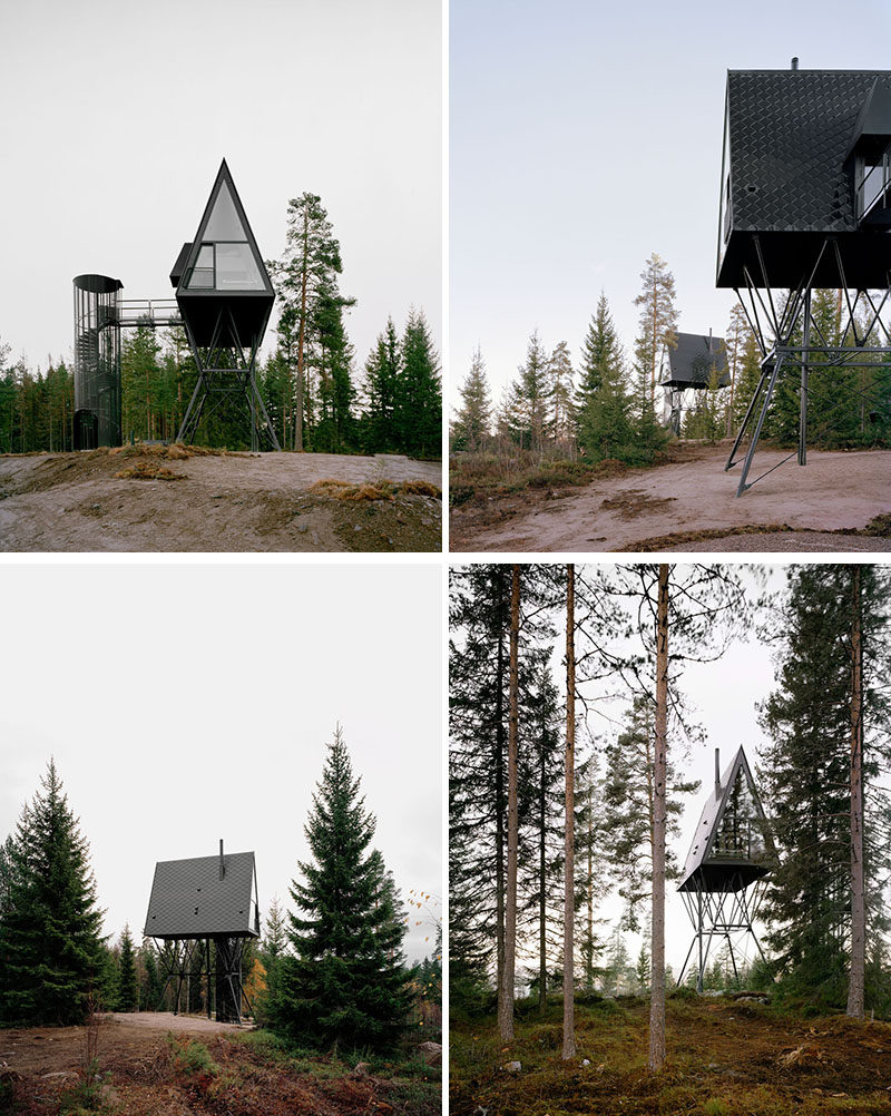 The design of the PAN Treetop Cabins, which are a place for tourists to stay, were inspired by the forest, North American A-Lodges, modern power lines, and the Moomin character houses. #Architecture #ModernCabin