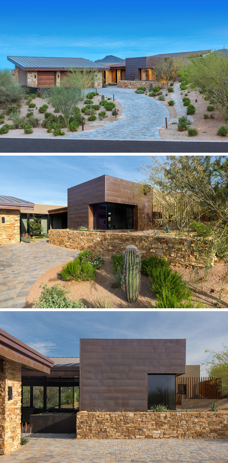 Surrounded by desert, this modern house has a simple driveway, flanked by minimal landscaping on either side, leading from the road up to the garage and entrance. #ModernHouse #Landscaping #DesertLandscaping