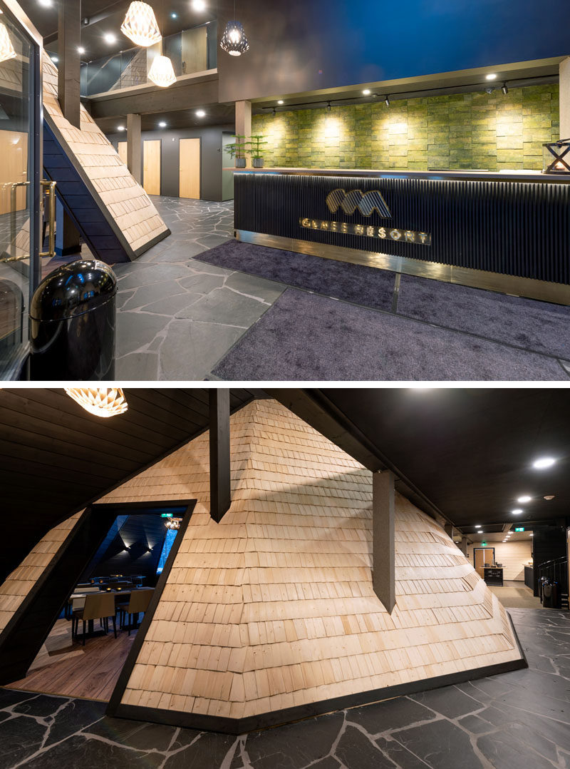 This modern winter resort has a reception area, and adjacent to the reception is a wood shingled hut, that's home to the resort's restaurant. #Shingles #HotelDesign