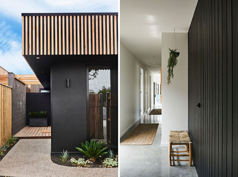 This modern townhouse features a black and wood exterior, while the interior features polished concrete floor and black-stained wood accents. #Architecture #InteriorDesign