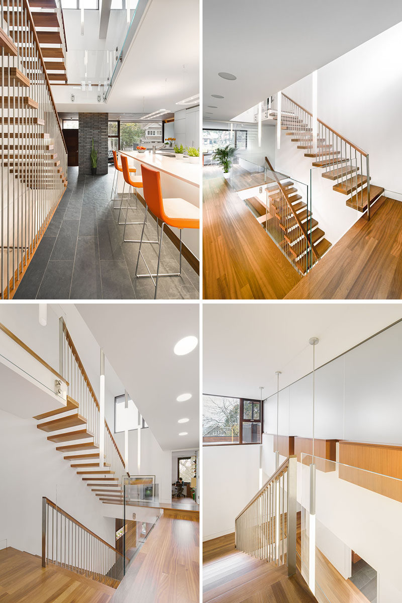 This modern house has an atrium style staircase adjacent to the kitchen, which brings light into the home. #Stairs #Staircase