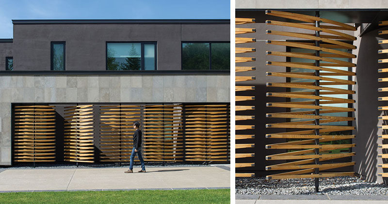 This modern house features a facade with a large limestone wall, that surrounds an array of delicate wood screens that have been used to create privacy for guest bedrooms. #WoodScreens #Architecture #ModernHouse