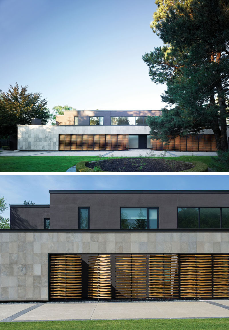 This modern house features a facade with a large limestone wall, that surrounds an array of delicate wood screens that have been used to create privacy for guest bedrooms. #WoodScreens #Architecture #ModernHouse