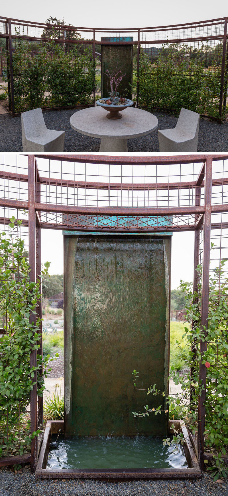 For intimate gatherings, this backyard has a small sitting area with a water feature, is surrounded by a curved steel trellis, creating a sense of privacy from the rest of the garden. #WaterFeature #Garden #Landscaping #SittingArea