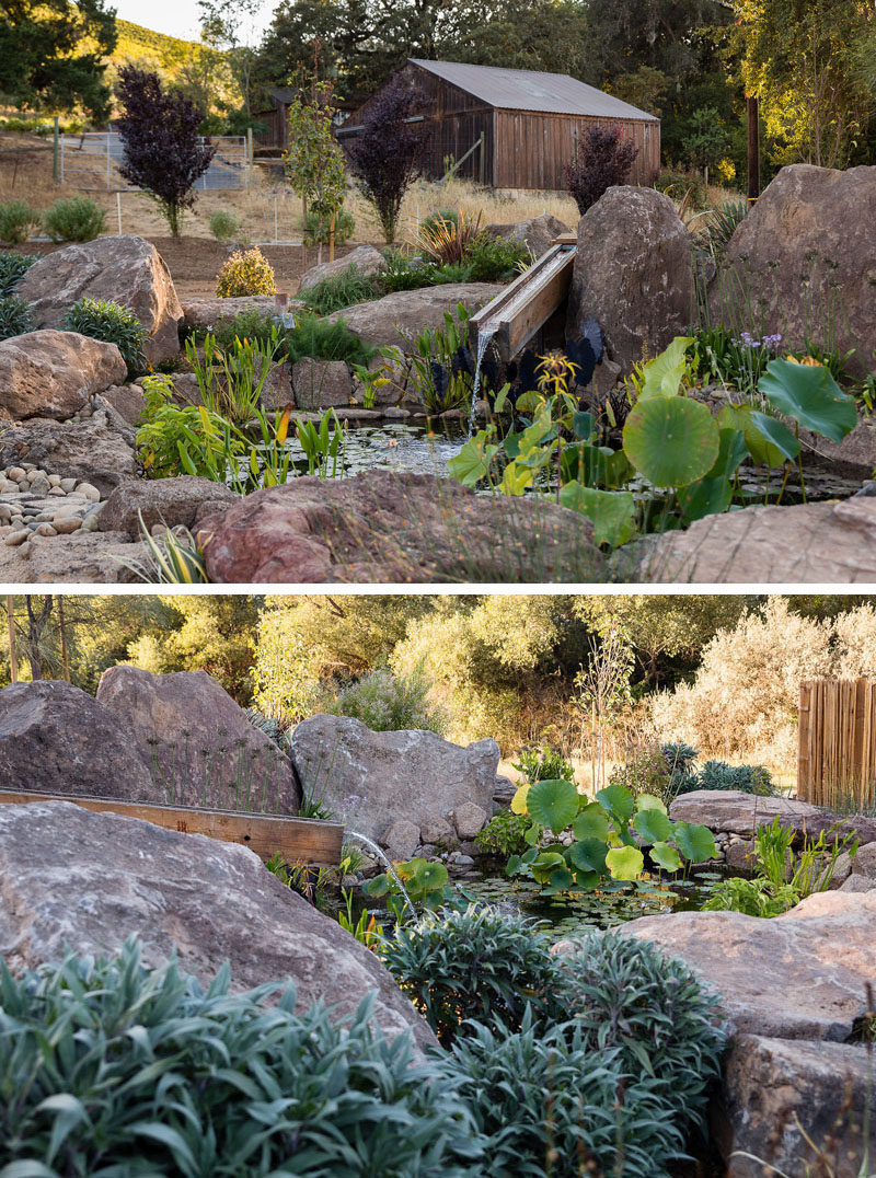 This backyard has a small pond surrounded by boulders, that showcases plants and a water feature. #Pond #WaterFeature