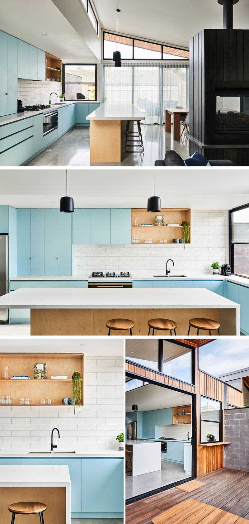 In this modern kitchen, matte light blue cabinets are paired with a white tile backsplash, plywood open shelves and island, and light Caesarstone countertops. #KitchenDesign #ModernKitchen #BlueKitchen