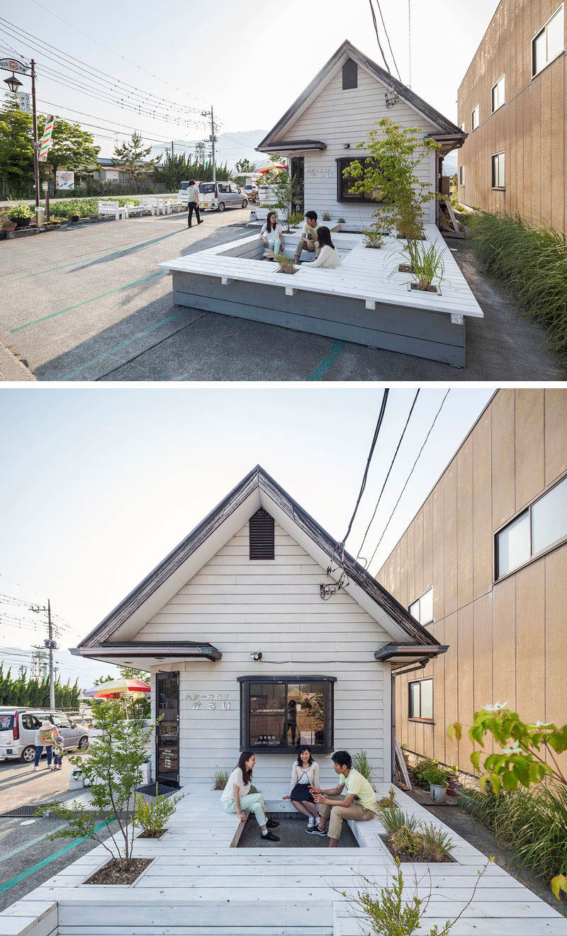 Jorge Almazán Architects + Keio University Almazán Lab have designed a public terrace with seating and plants, that acts as a barbershop waiting area. #Landscaping #Seating #Design