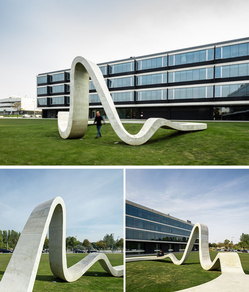 This modern concrete sculpture has been designed to allow people to relax and enjoy the design, with various high and low points creating places to sit or lean. #Sculpture #PublicArt