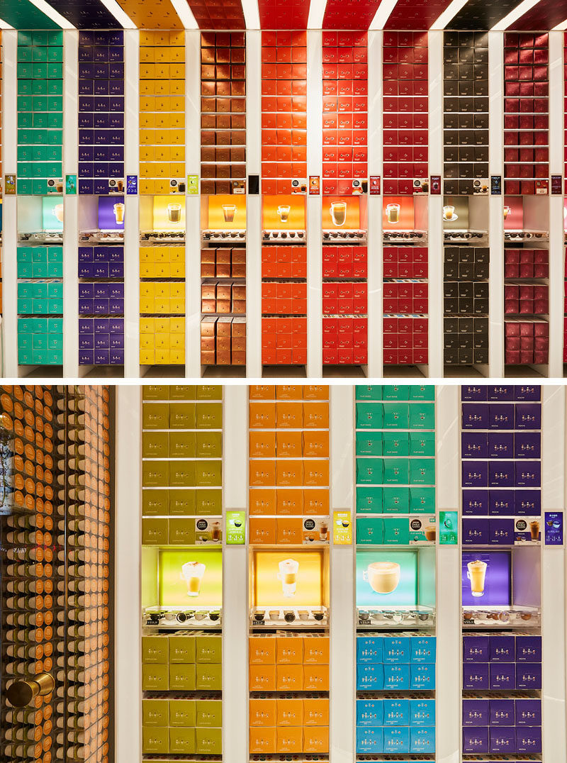 The walls of this retail store are covered in colored coffee capsule boxes, creating a rainbow-like appearance and showcasing the variety of options available. #RetailStore #StoreDesign