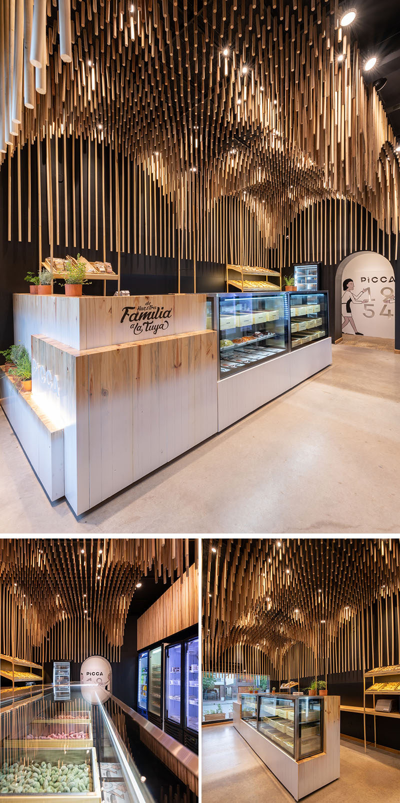 This modern retail store features 1954 broomsticks (commemorating the year of the founding of the family business), that were used to create a sculptural wood ceiling installation. #ModernRetailStore #StoreDesign #WoodCeiling