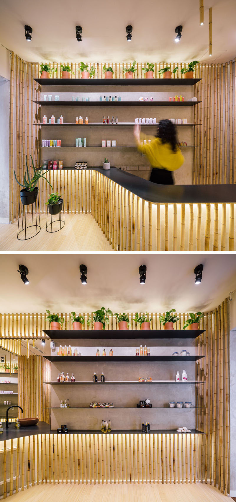 This modern spa has backlit bamboo accents around the service counter, treatment rooms, and hallways. #Bamboo #Spa #InteriorDesign