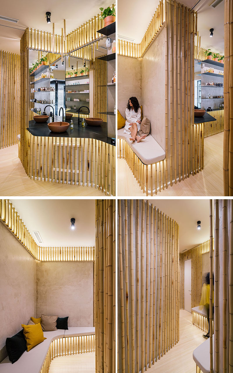 This modern spa has backlit bamboo accents around the service counter, treatment rooms, and hallways. #Bamboo #Spa #InteriorDesign
