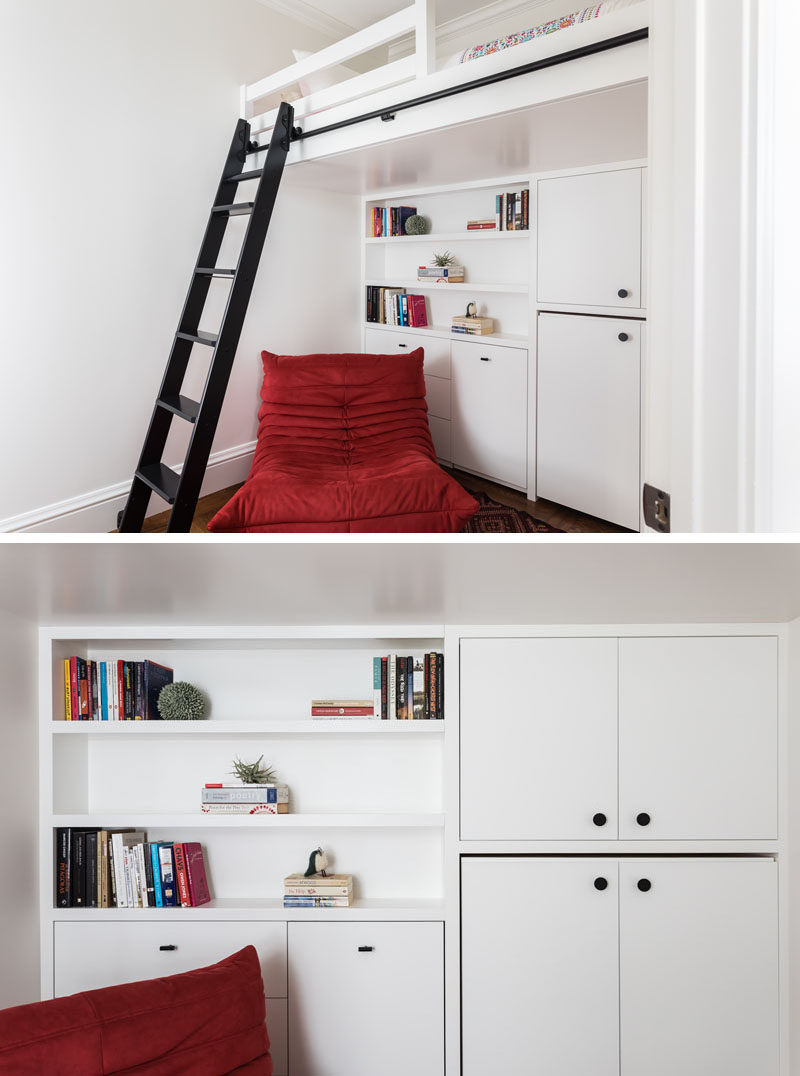 This modern remodel of a child's bedroom includes custom casework to maximize usable space and a lofted bed accessed by a rolling ladder. #KidsBedroom #LoftBed #BedroomDesign