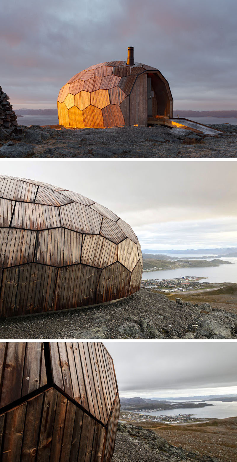 A series of Norwegian day-trip cabins have been designed with an egg-shaped, faceted stone-like appearance made from wood. The rounded shape naturally helps to clear snow, and reduce wind pressure. #Architecture #Cabin