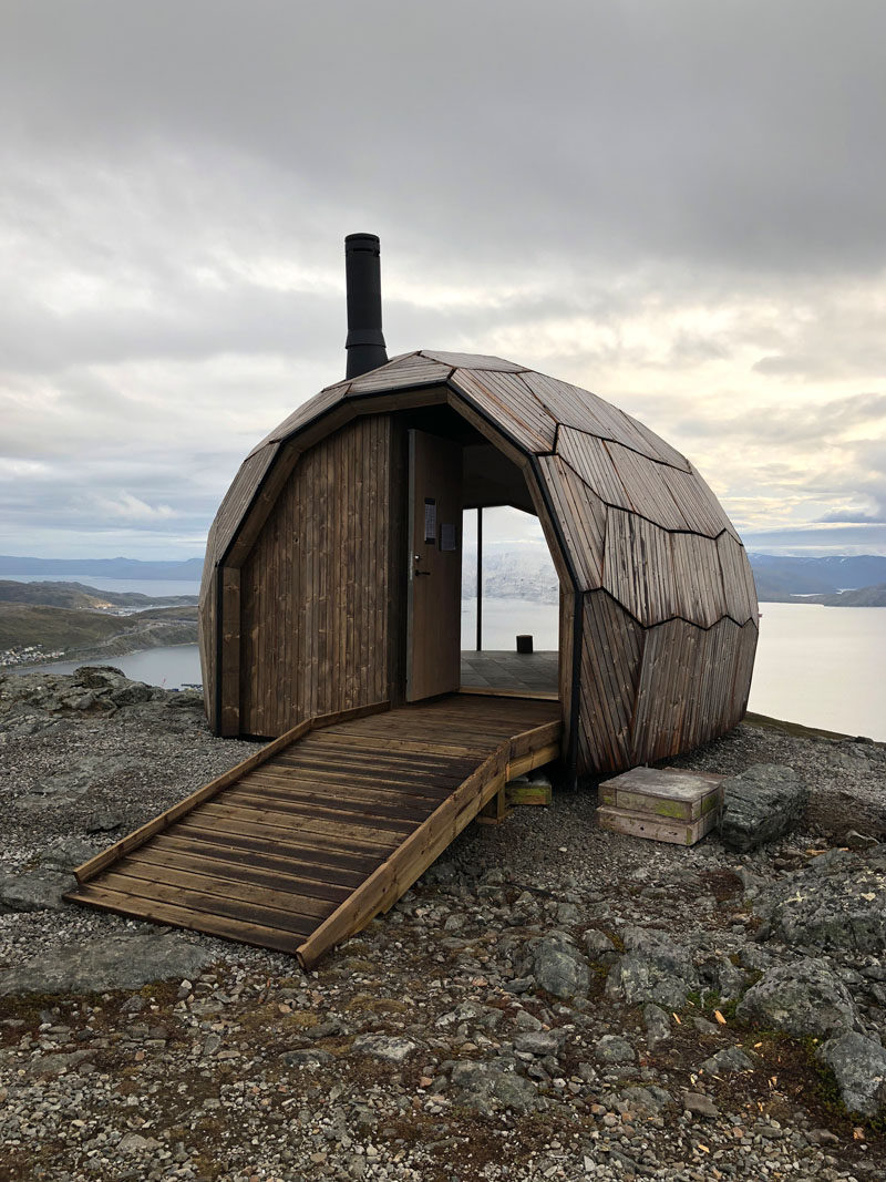 A series of Norwegian day-trip cabins have been designed with an egg-shaped, faceted stone-like appearance made from wood. The rounded shape naturally helps to clear snow, and reduce wind pressure. #Architecture #Cabin