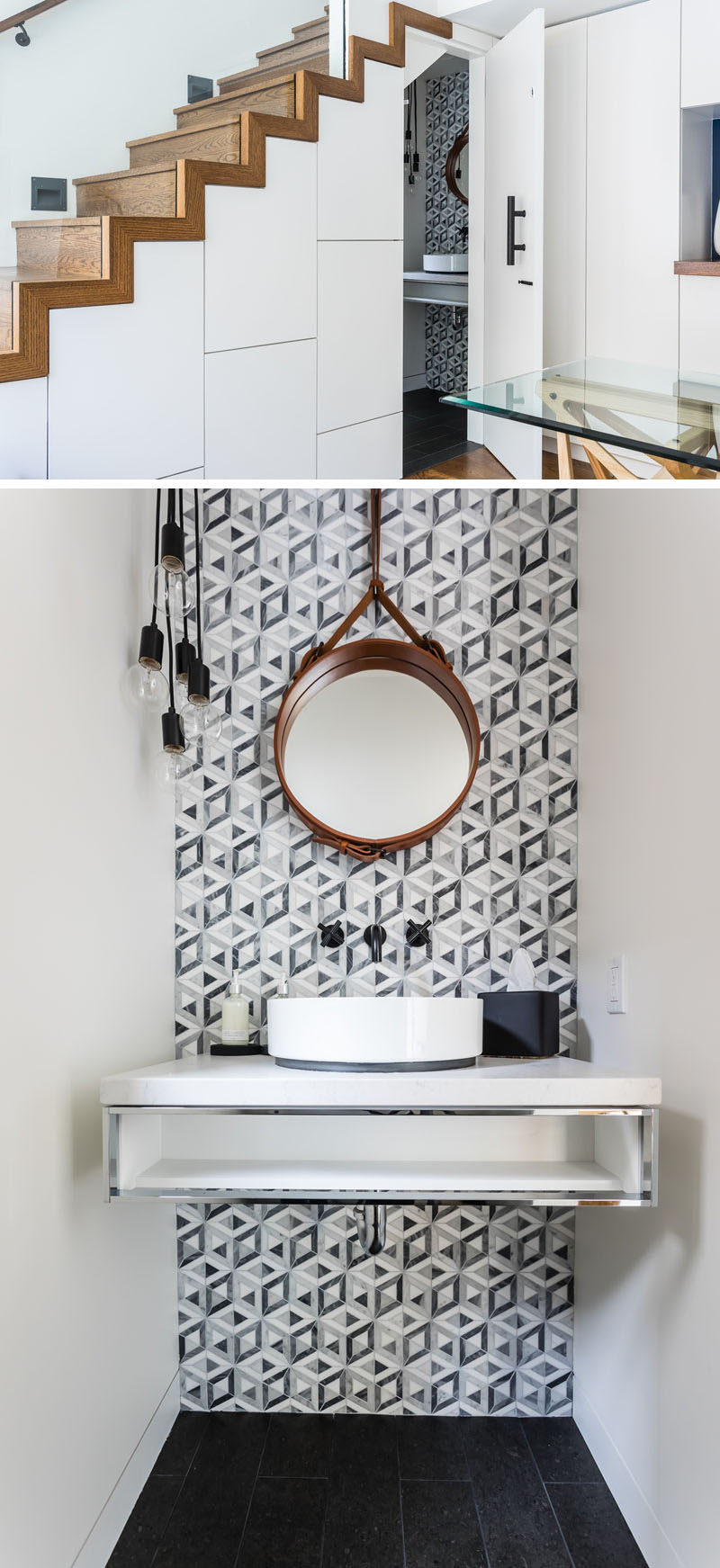 There's a small powder room, with a decorative tiled wall and a wall-mounted vanity, tucked underneath the wood stairs in this house extension. #PowderRoom #Bathroom