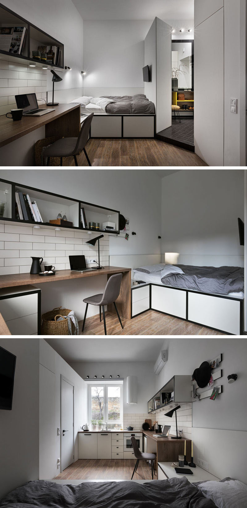 The bed of this tiny apartment has been slightly raised to provide storage beneath it, while a wall-mounted television allows the bed to be also used as a place to watch TV. #SmallApartment #TinyLiving #ModernApartment