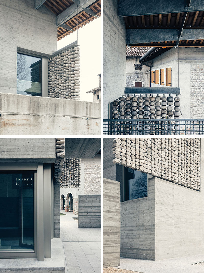 This renovated concrete house features stone curtains that add interest to the facade of the home, and create interesting patterns inside when the sunlight hits them. #Architecture #Facade #Stone