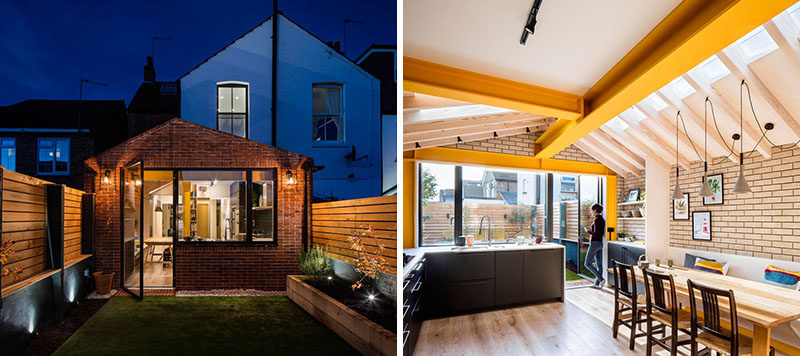 Bold yellow steel, oversailing timber rafters, and plywood enclosures form warm and playful spaces in this rear extension of a London terrace house by Woodrow Architects. #HouseExtension #BrickExtension Visit Woodrow Architect's website here > https://www.wdrw.co.uk