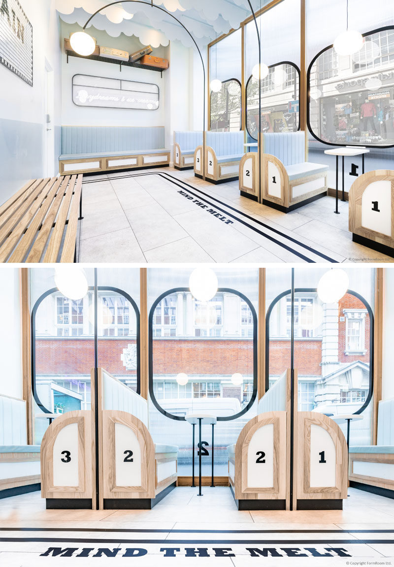 FormRoom have designed 'Milk Train', a modern ice cream cafe that's inspired by the design of the British underground trains and their stations. #ModernCafe #CafeDesign #InteriorDesign