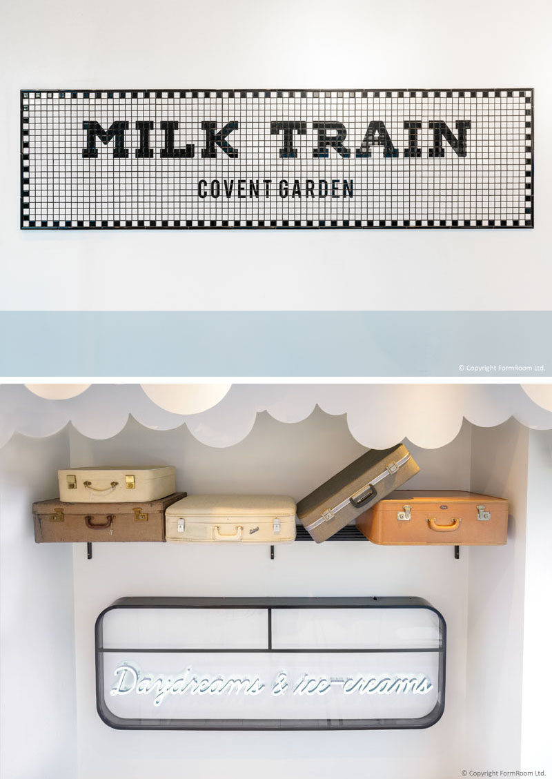 FormRoom have designed 'Milk Train', a modern ice cream cafe that's inspired by the design of the British underground trains and their stations. #ModernCafe #CafeDesign #InteriorDesign #Signage